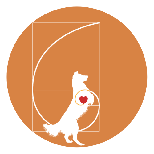 On a tan background, white silhouette of a dog on his hind legs. Red heart on his chest. White Fibonacci spiral starting from the heart and wrapping the dog